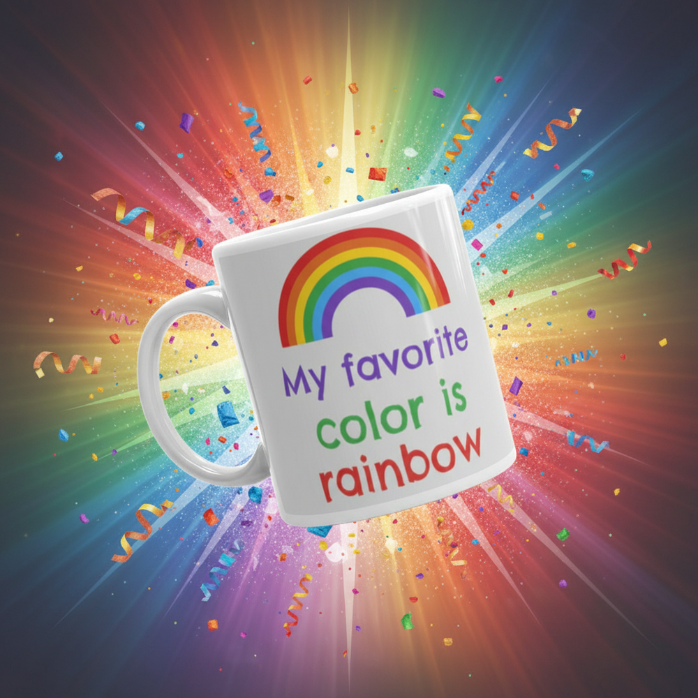 Angled white mug with rainbow graphic and text, “My favorite color is rainbow”
