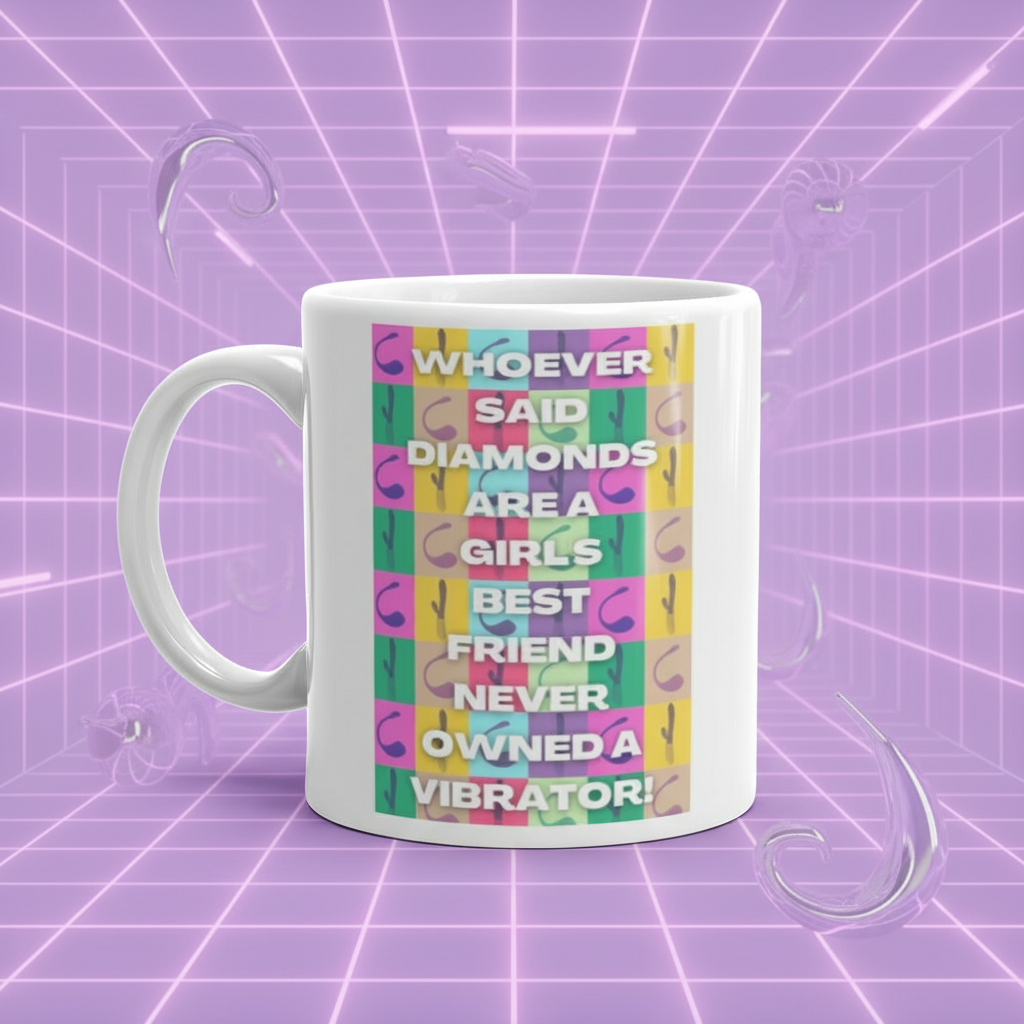 Never Owned A Vibrator Mug featuring a bold, multicolored checkerboard pattern with empowering white text, perfect for celebrating LGBTQIA+ pride. Ideal for coffee, tea, or wine, dishwasher and microwave safe.