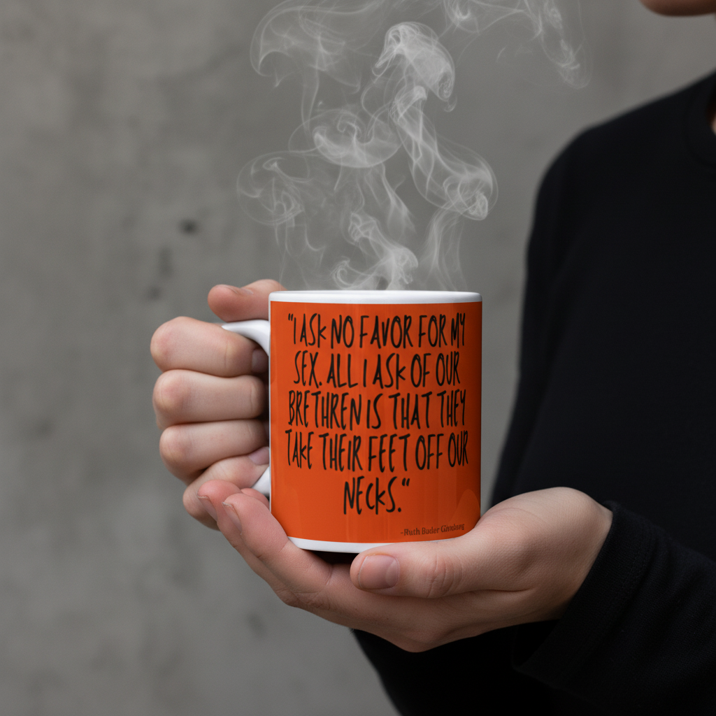 Hands hold a steaming No Favor For My Sex Mug in burnt-orange, showcasing Ruth Bader Ginsburg's empowering quote. Perfect for expressing queer pride and self-expression. Dishwasher and microwave safe.