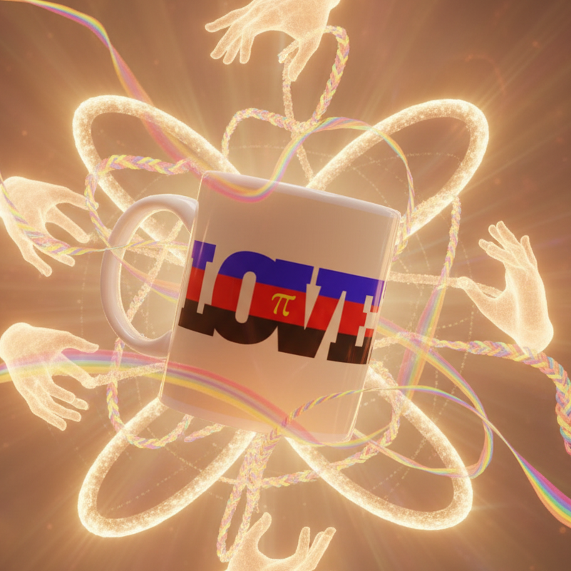Polyamory Love Mug floating amid glowing trails and rainbow ribbons, with hands reaching towards it. Features LπVE text, symbolizing queer pride and cosmic love. Dishwasher and microwave safe.