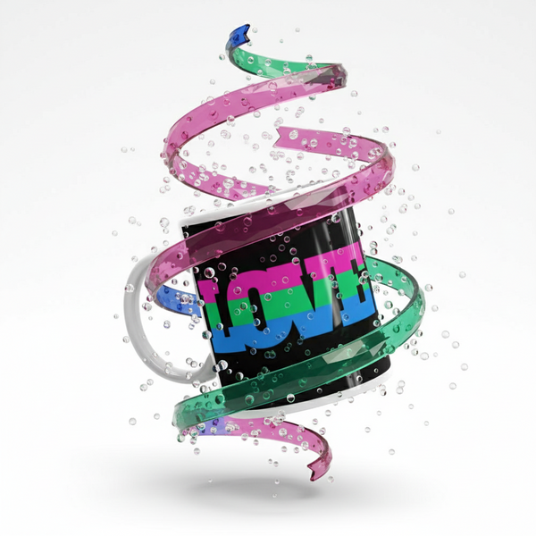 Black mug with multicolored LOVE lettering, wrapped in pink and green ribbons and bubbles
