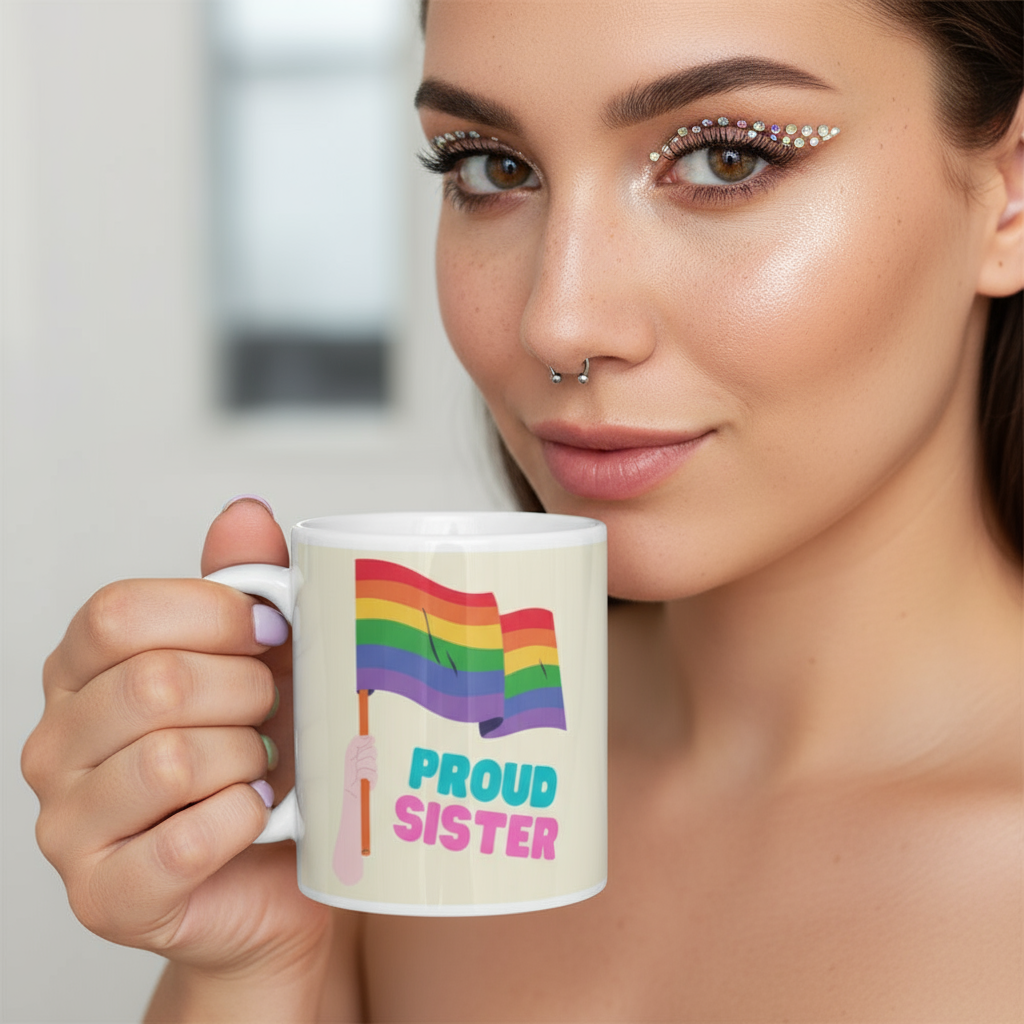 Close-up person holding a white “PROUD SISTER” mug with rainbow flags