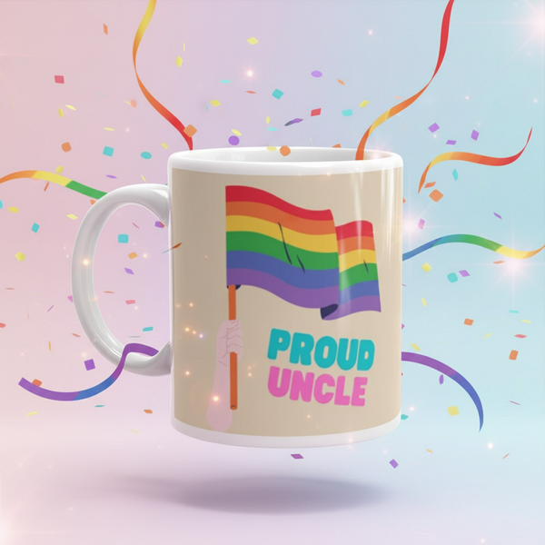 White mug with rainbow flag graphic and “PROUD UNCLE” text, floating amid confetti
