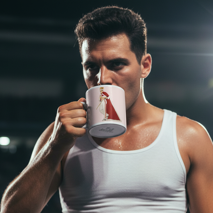 A muscular man sips from the Queen Freddy Mercury Mug, featuring a regal figure illustration, embodying queer pride and expression in a vibrant gym setting.