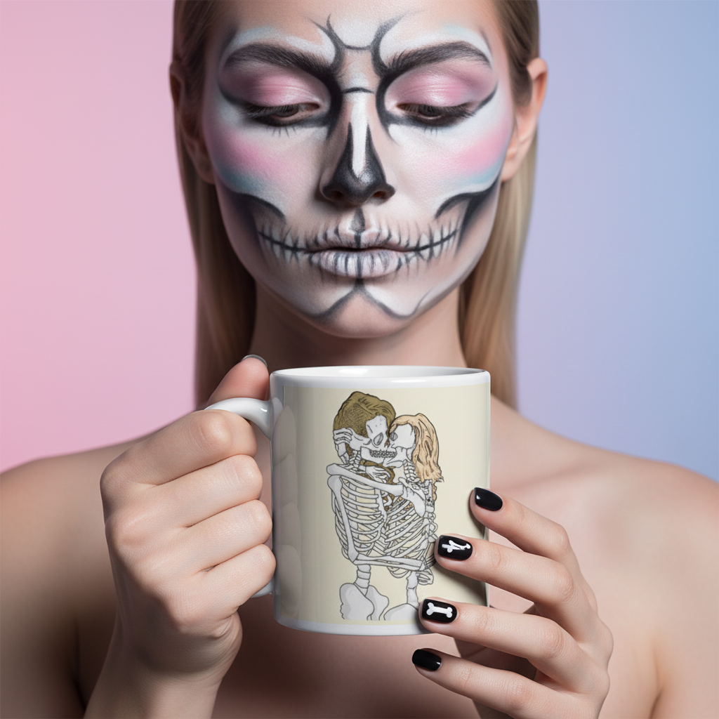 Person with skull face paint holds a mug showing two embracing skeletons