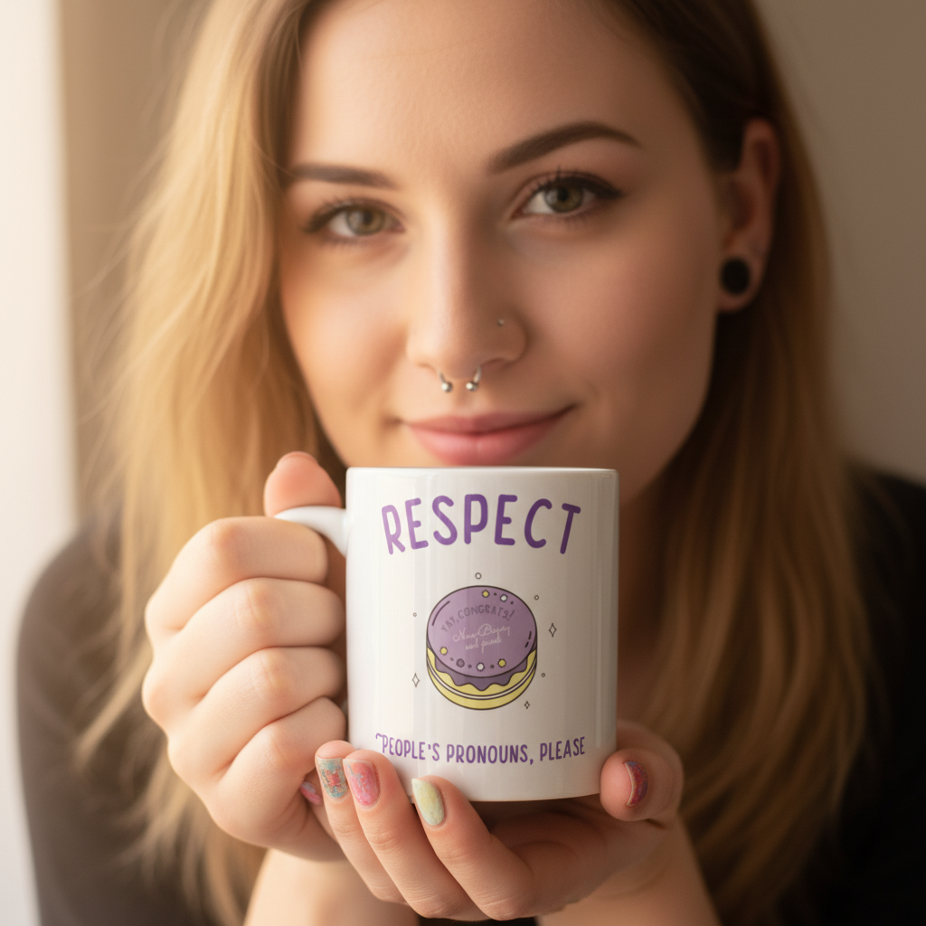 Person holds a white mug reading “RESPECT PEOPLE'S PRONOUNS, PLEASE,” with a purple cake illustration