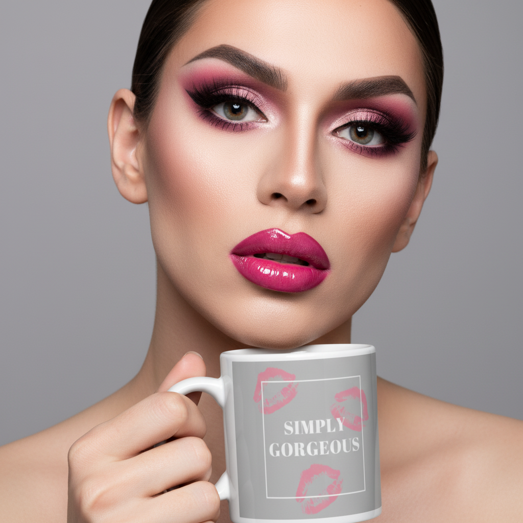 Close-up model holds a gray mug reading “SIMPLY GORGEOUS” with pink lip prints