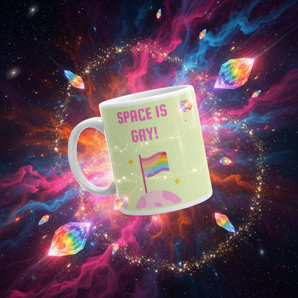 Space Is Gay Mug floating against a vibrant cosmic backdrop, featuring bold pink lettering and a rainbow Pride flag on a planet. Celebrates LGBTQIA+ pride with playful, empowering queer iconography.