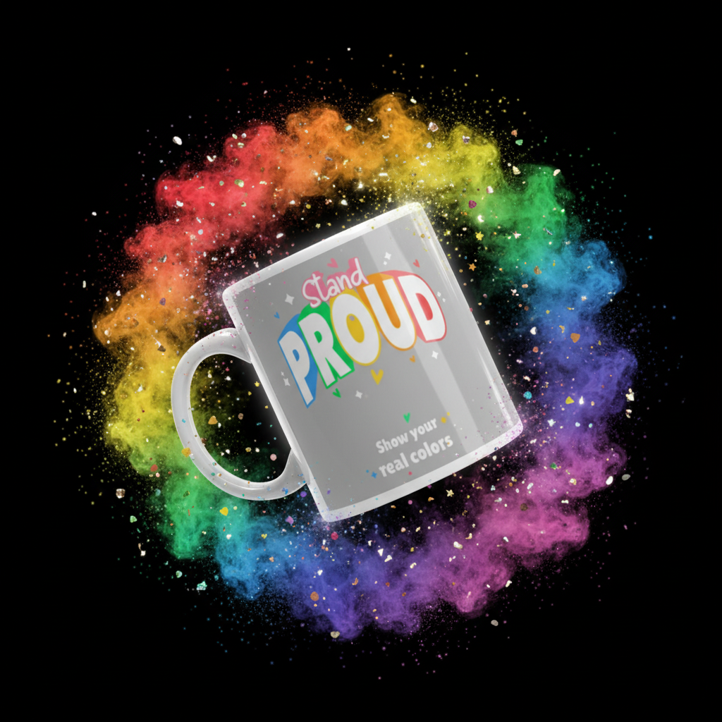 Angled white mug reading “Stand PROUD” and “Show your real colors” amid rainbow powder