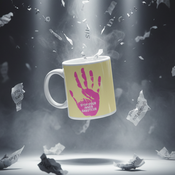 Yellow mug with pink handprint graphic; mug with “Stop Your Inner Saboteur” design