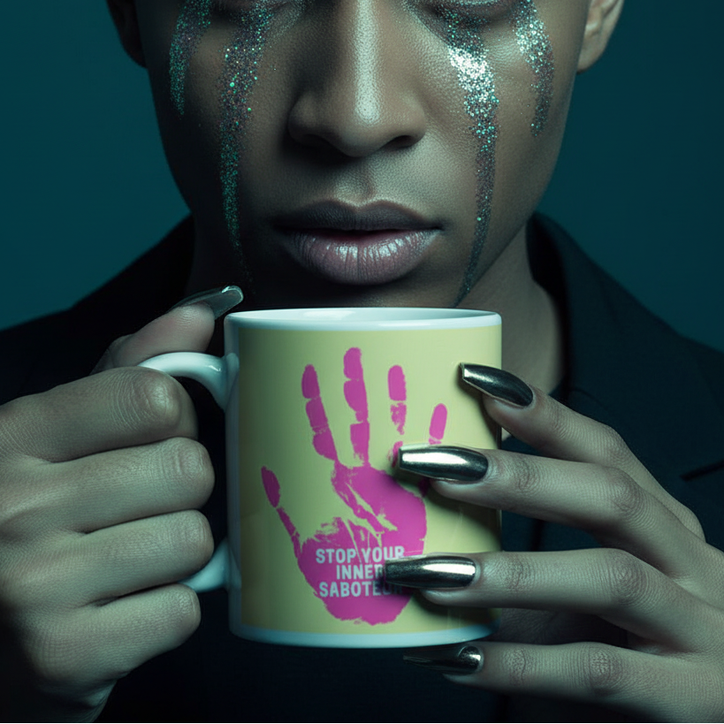 Close-up of a person holding the Stop Your Inner Saboteur Mug with a pink handprint and empowering message, embodying queer pride and self-expression. Their glitter tears and metallic nails add a bold, stylish flair.