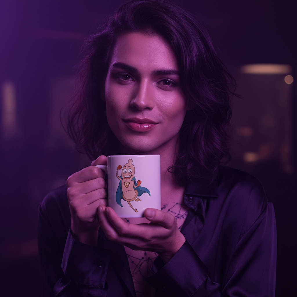 Person holds a white mug with a smiling superhero condom illustration