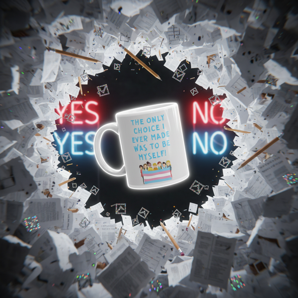 Glowing white mug reading “The Only Choice I Ever Made Was to Be Myself!”