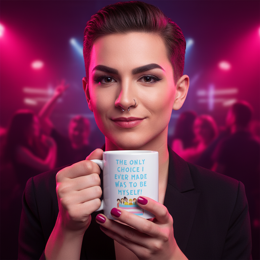 Person with dark hair and piercings holds The Only Choice I Ever Made Mug, featuring diverse people illustration and pride slogan, amidst vibrant club lights, embodying Queer In The World's celebratory self-expression.