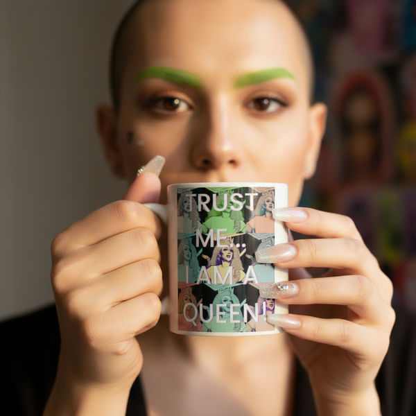 Person with glittery nails holds a mug reading “TRUST ME... I AM A QUEEN!”