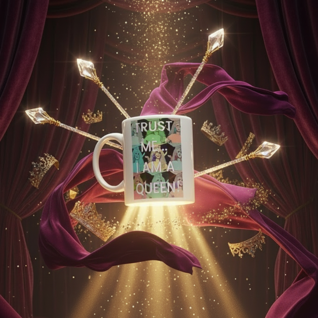 White ceramic Trust Me, I Am A Queen! mug floats amid theatrical burgundy curtains, highlighted by a spotlight, adorned with purple drapery, radiant crystal arrows, and golden crowns; exuding bold, empowering queer pride.