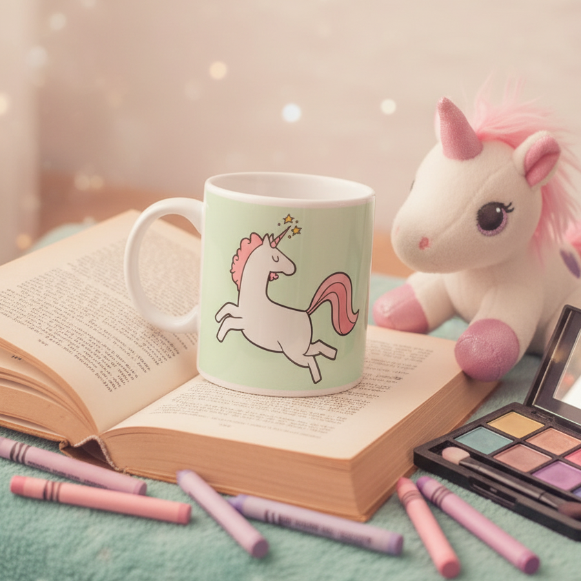 Unicorn Mug with leaping unicorn design sits on an open book, alongside a plush unicorn and pastel crayons, embodying vibrant LGBTQIA+ pride and self-expression. Perfect for colorful mornings or cozy nights.