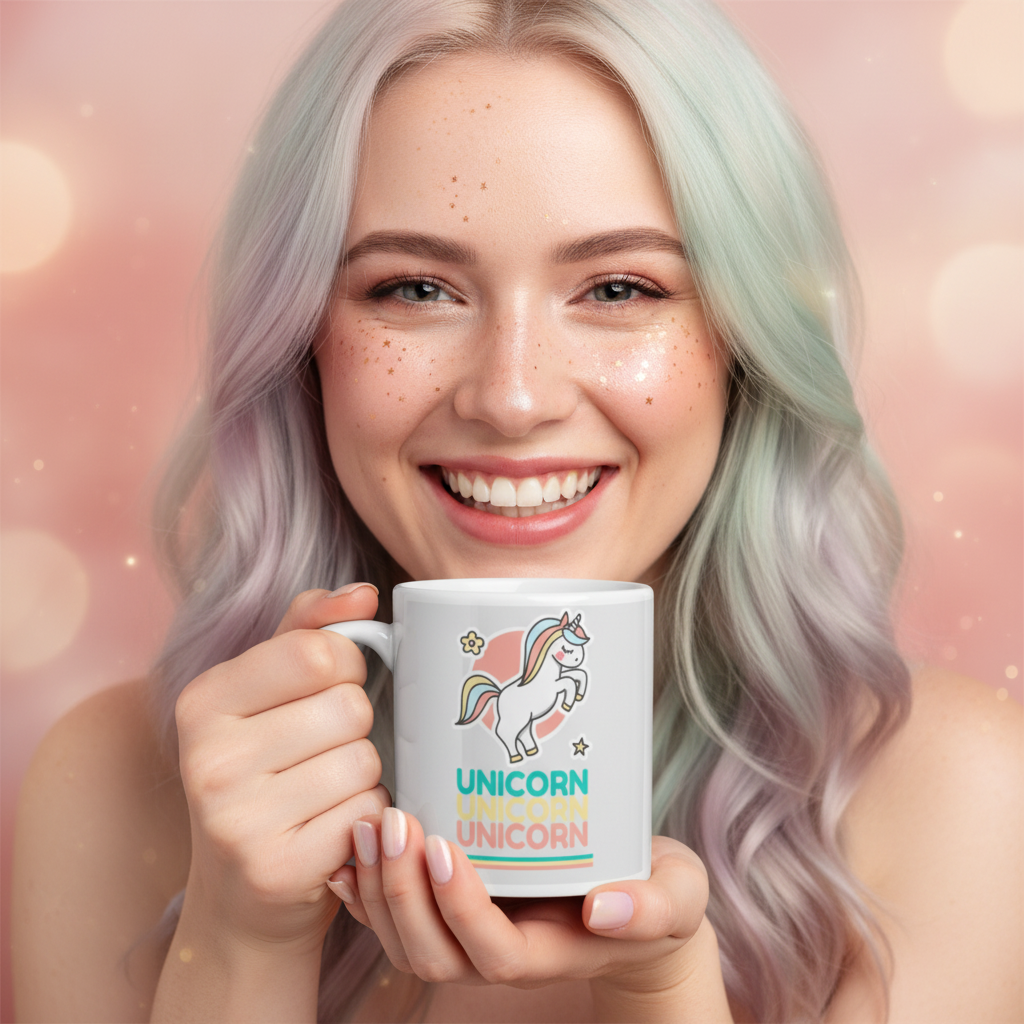 Smiling person with pastel hair holds a white mug showing a unicorn and repeated “UNICORN” text