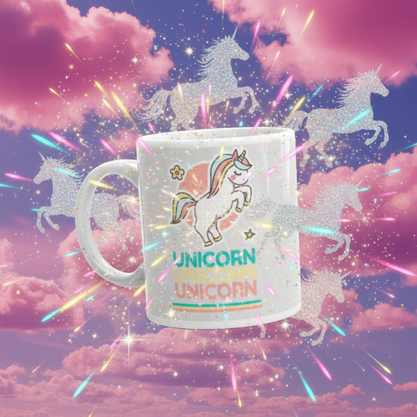 Unicorn Unicorn Unicorn Mug showcasing a pastel cartoon unicorn and rainbow text, embodying joyful queer energy. Perfect for coffee or wine, celebrating LGBTQIA+ pride with Queer In The World’s vibrant flair.