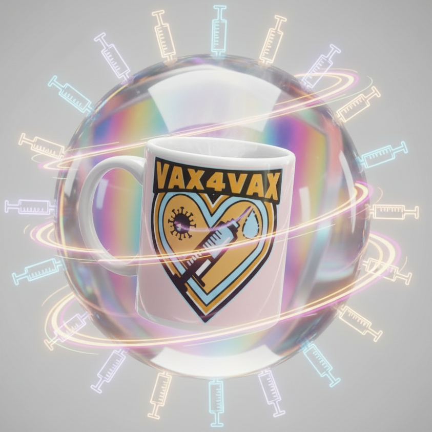 Vax 4 Vax Mug floating in a soap-bubble sphere, featuring a badge with a heart, syringe, virus icon, and droplet. Surrounded by glowing syringe outlines, embodying vibrant queer pride and empowerment.