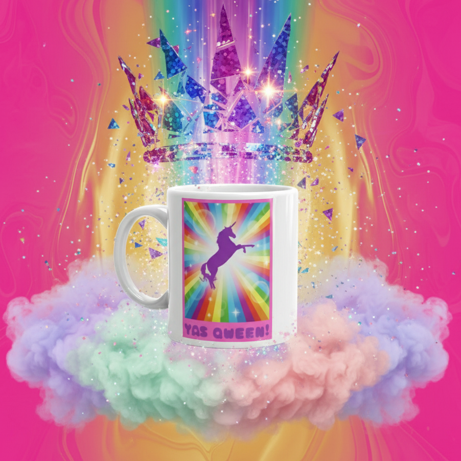 Yas Qween! Mug featuring a purple unicorn rearing against rainbow rays, crowned with a glittering rainbow crown. Perfect for embracing LGBTQIA+ pride with bold and empowering self-expression. Durable ceramic, microwave and dishwasher safe.