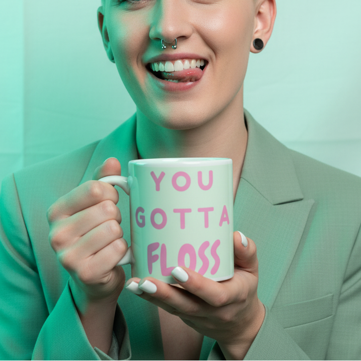 Smiling person with septum piercing, holding a YOU GOTTA FLOSS ceramic mug. The mug is an empowering queer statement piece from Queer In The World, perfect for expressing LGBTQIA+ pride.