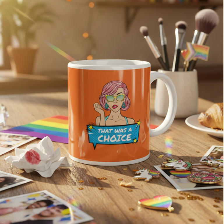 Orange mug with a pink-haired person and “THAT WAS A CHOICE” design on a Pride-themed table