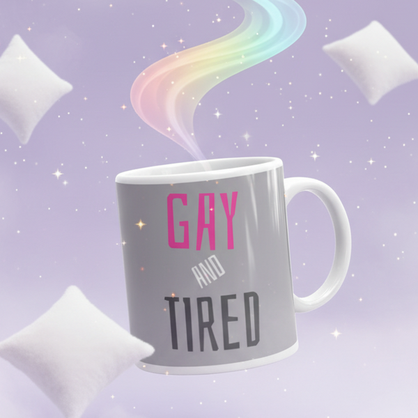 Ceramic Gay And Tired mug with rainbow steam, celebrating queer pride and self-expression, featuring a playful cranky creature design. Perfect for starting your day with inclusive, bold energy.