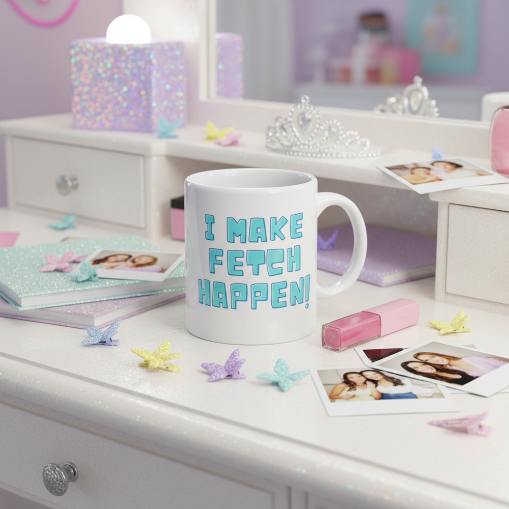 White mug reading “I MAKE FETCH HAPPEN!” on a glittery vanity with photos and pastel decorations