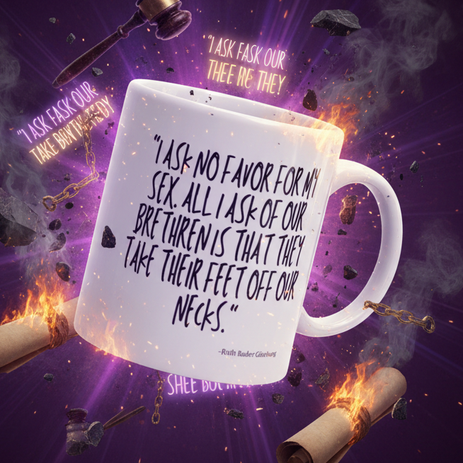 White mug printed with the quote “I ASK NO FAVOR FOR MY SEX...”