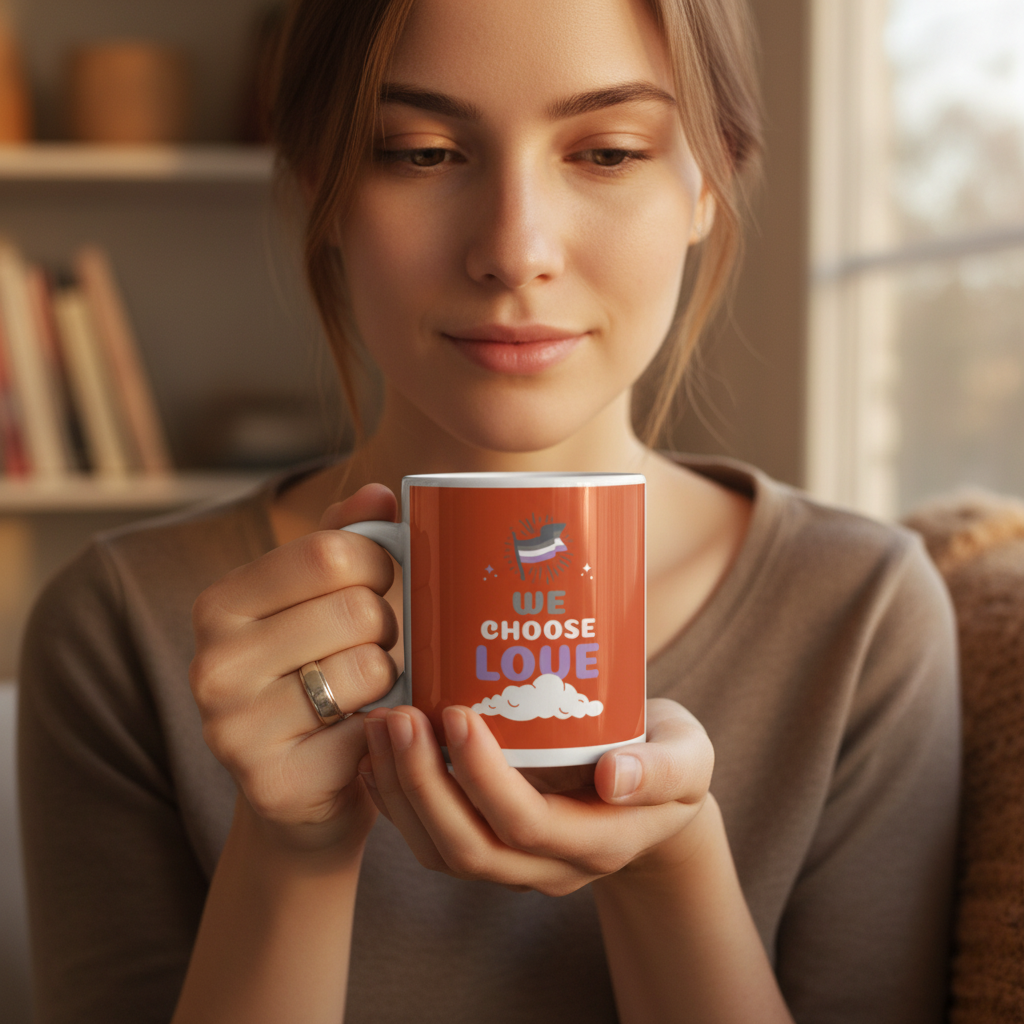 A young woman cradles the Asexual We Choose Love Mug, featuring a bold slogan and vibrant graphics, embodying queer pride and visibility. Ideal for any beverage, it's microwave and dishwasher safe.