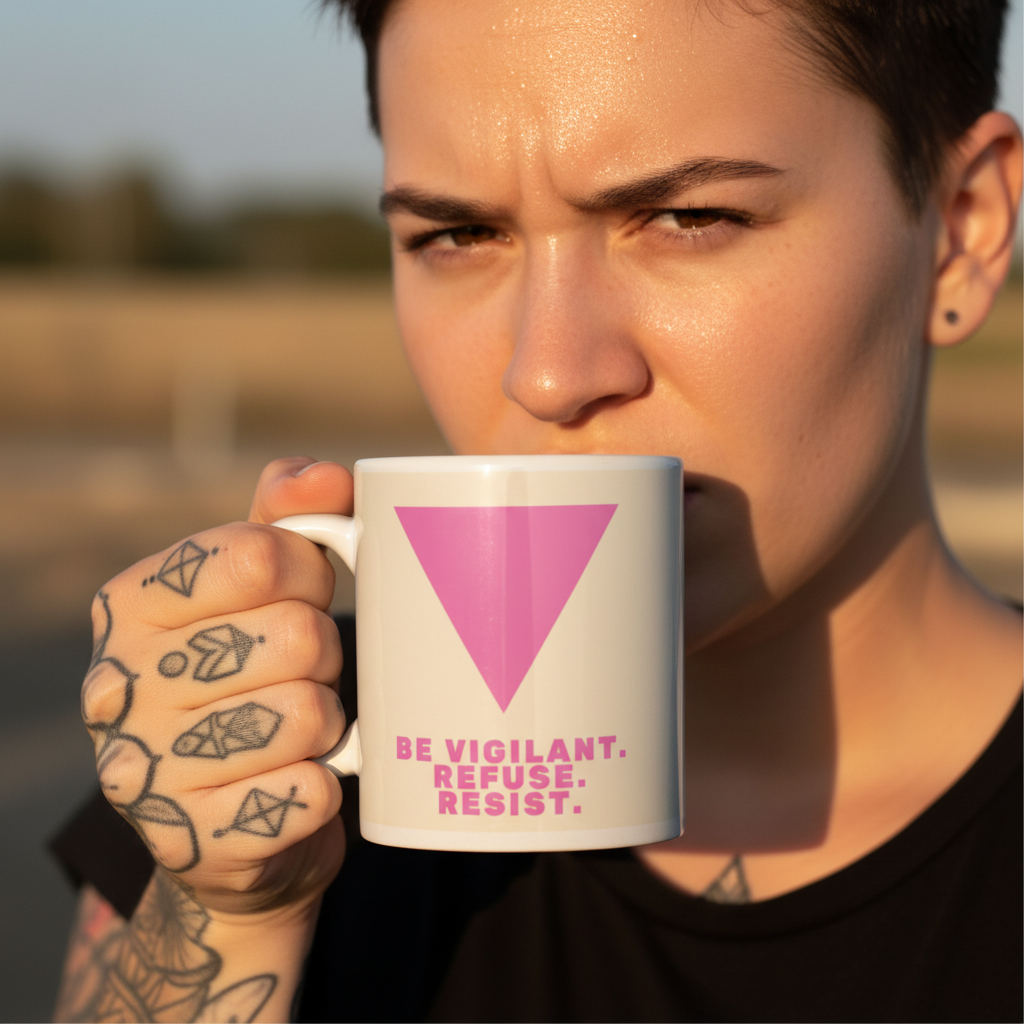 Person holding a Be Vigilant. Refuse. Resist. mug with pink triangle, showcasing tattooed arm. This Queer In The World mug embodies LGBTQIA+ pride and self-expression, perfect for bold, empowering moments.