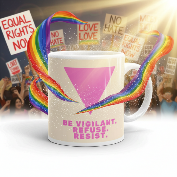 Be Vigilant. Refuse. Resist. Mug with a pink triangle and vibrant rainbow spirals, celebrating LGBTQIA+ pride and self-expression. Perfect for coffee or wine, embodying empowerment and visibility. Dishwasher and microwave safe.