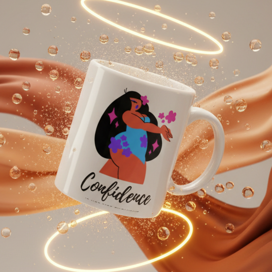 Body Confidence Mug featuring a vibrant illustration of a curvy woman in a floral swimsuit with Confidence text, floating against copper-toned drapery. Celebrates LGBTQIA+ pride and empowerment, perfect for everyday use.