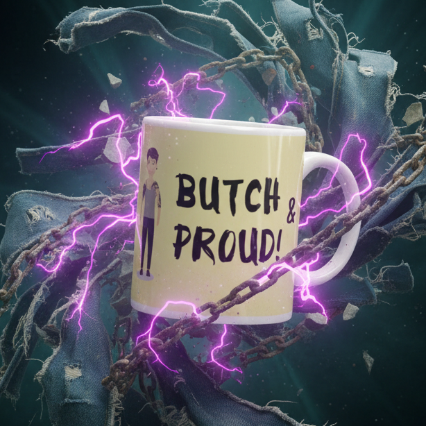 Butch & Proud Mug set amidst denim strips and electric arcs, featuring bold text and a cartoon figure. Perfect for showcasing LGBTQIA+ pride with empowering, vivid design. Dishwasher and microwave safe.