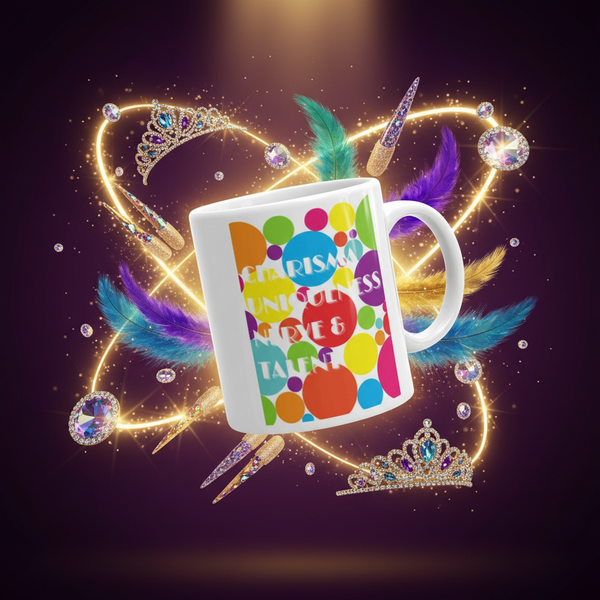Charisma Uniqueness Nerve & Talent Mug floats amidst glittering tiaras, vibrant feathers, and sparkling gems, embodying bold, joyful queer energy. It's a sturdy, glossy ceramic celebrating LGBTQIA+ pride and self-expression.