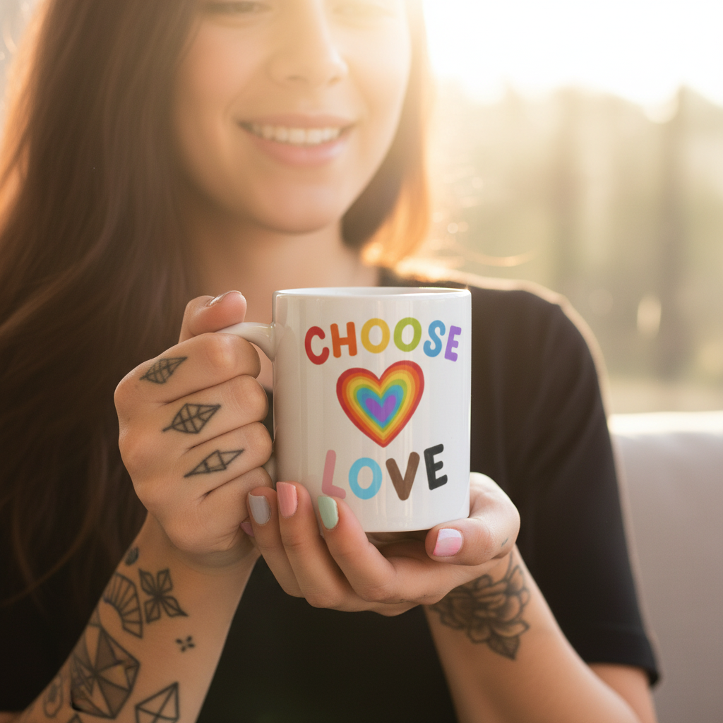 Choose Love Mug with vibrant lettering and a rainbow heart, held by tattooed hands with pastel nails, embodies LGBTQIA+ pride and self-expression. Perfect for any beverage, microwave, and dishwasher safe.