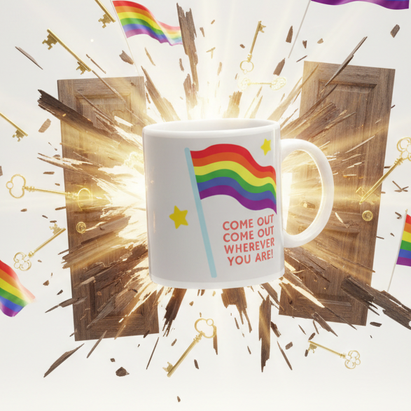 The Come Out Come Out Mug features a rainbow-striped flag and stars, set against splintering doors with light and keys, embodying LGBTQIA+ pride, self-expression, and empowerment.