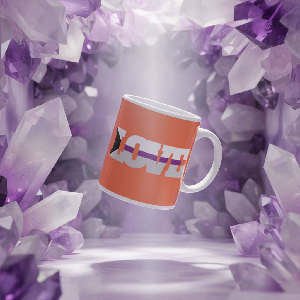 Demisexual Love Mug with a white handle and bold orange LOVE graphic, floating amid surreal amethyst-like quartz formations, symbolizing vibrant LGBTQIA+ pride and self-expression.
