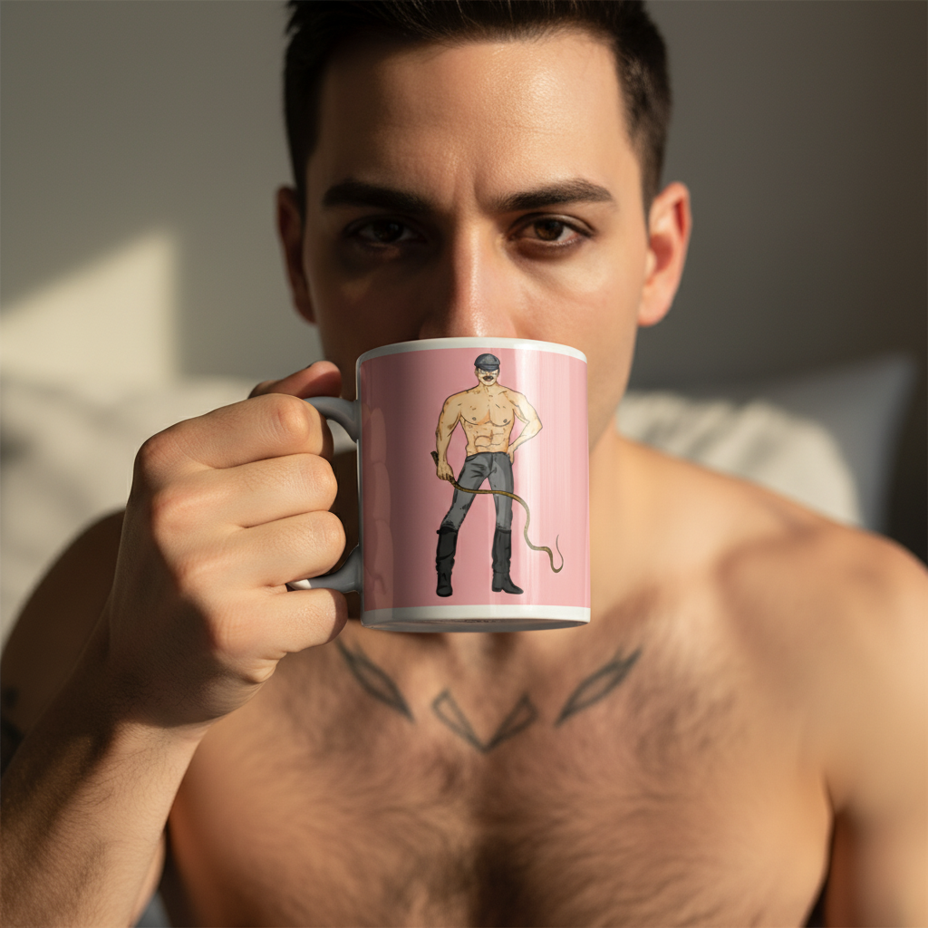 A shirtless man holds the Dominant Daddy Mug, featuring a stylized muscular figure in leather, embodying bold queer pride and self-expression. Sturdy ceramic, perfect for celebrating LGBTQIA+ identity.