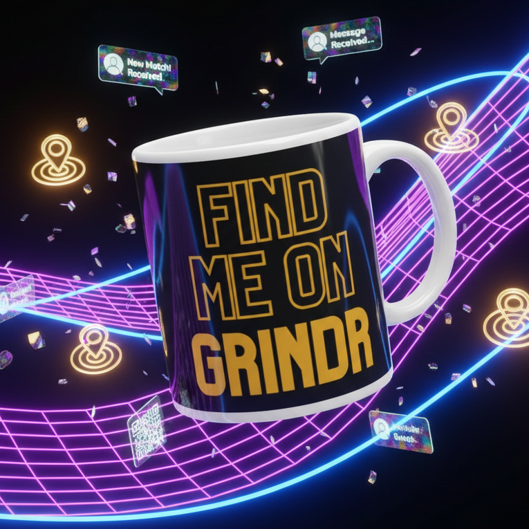 Find Me On Grindr Mug: A bold ceramic mug featuring FIND ME ON GRINDR in vibrant yellow, surrounded by dating app-inspired icons, celebrating queer pride and self-expression. Dishwasher and microwave safe.