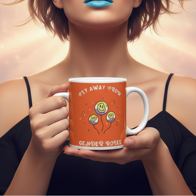 Person holds a vibrant Fly Away From Gender Roles mug adorned with smiling balloons. The bold design and message celebrate LGBTQIA+ pride, perfect for empowering everyday moments with joyful, inclusive self-expression.
