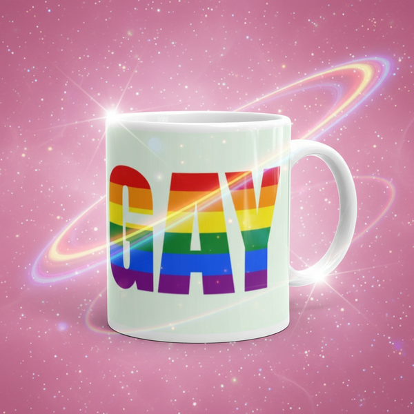 White ceramic Gay Mug adorned with bold rainbow Pride stripes, set against a starry backdrop with glowing light trails, embodying vibrant queer pride and self-expression. Perfect for showcasing LGBTQIA+ identity.