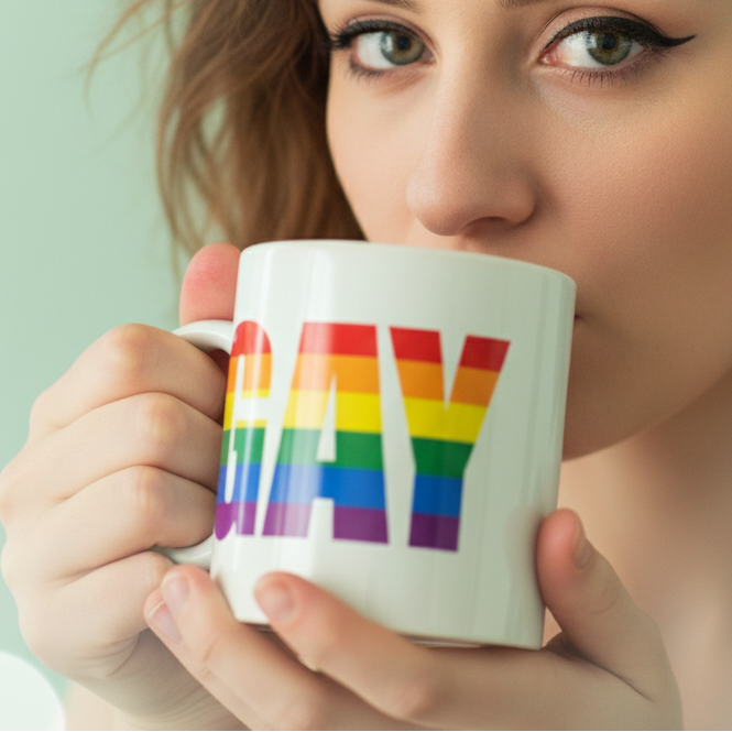 Close-up of a person holding a GAY mug with a rainbow-stripe pattern, symbolizing LGBTQ+ pride. The ceramic mug embodies self-expression and empowerment, perfect for starting your day with joyful, queer energy.