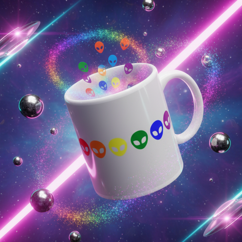 Gay Alien Mug floating in a surreal, cosmic scene, showcasing rainbow alien icons with vibrant, swirling colors. Ideal for expressing LGBTQIA+ pride and self-expression, embodying bold, joyful queer energy.
