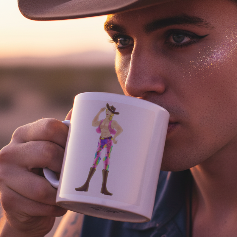Person sipping from a Gay Cowboy Mug, featuring a cowgirl illustration tipping her hat. The mug embodies LGBTQIA+ pride and self-expression, perfect for vibrant, inclusive mornings.