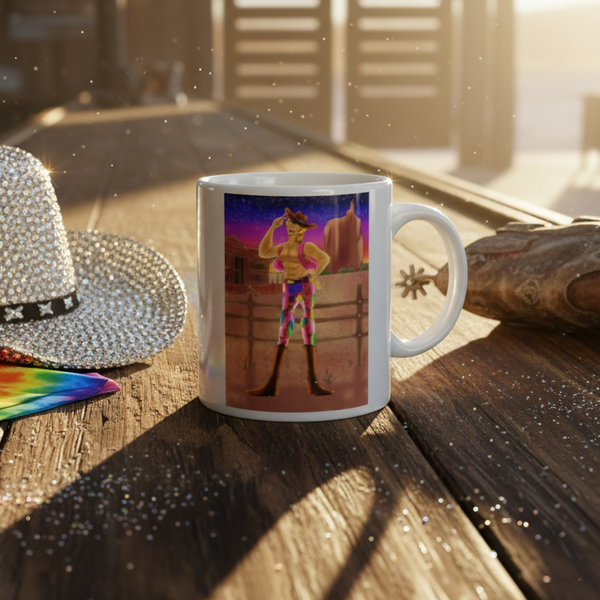 Gay Cowboy At Sunset Mug featuring a cartoon alligator in a cowboy hat, surrounded by a rhinestone cowboy hat, rainbow bandana, and cowboy boot. Perfect for celebrating LGBTQIA+ pride with coffee or tea.