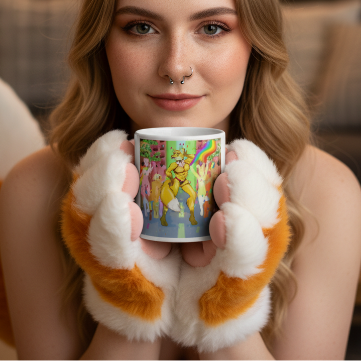 Young woman wearing cat-paw mittens cradles Gay Furry Pride Mug, featuring a yellow fox in a vibrant, surreal landscape. Celebrating LGBTQIA+ pride, this sturdy ceramic mug is microwave and dishwasher safe.