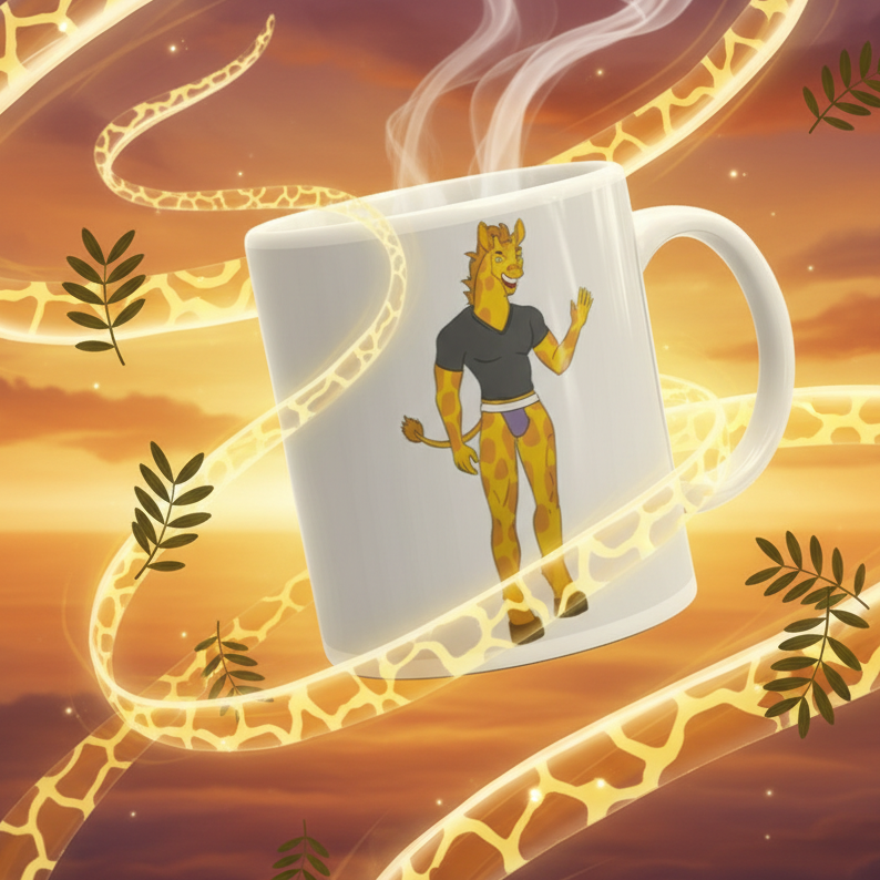 Gay Giraffe Mug with an anthropomorphic giraffe waving, surrounded by swirling giraffe-patterned ribbons and steam, captures queer pride and self-expression in a whimsical, empowering design. Dishwasher and microwave safe.