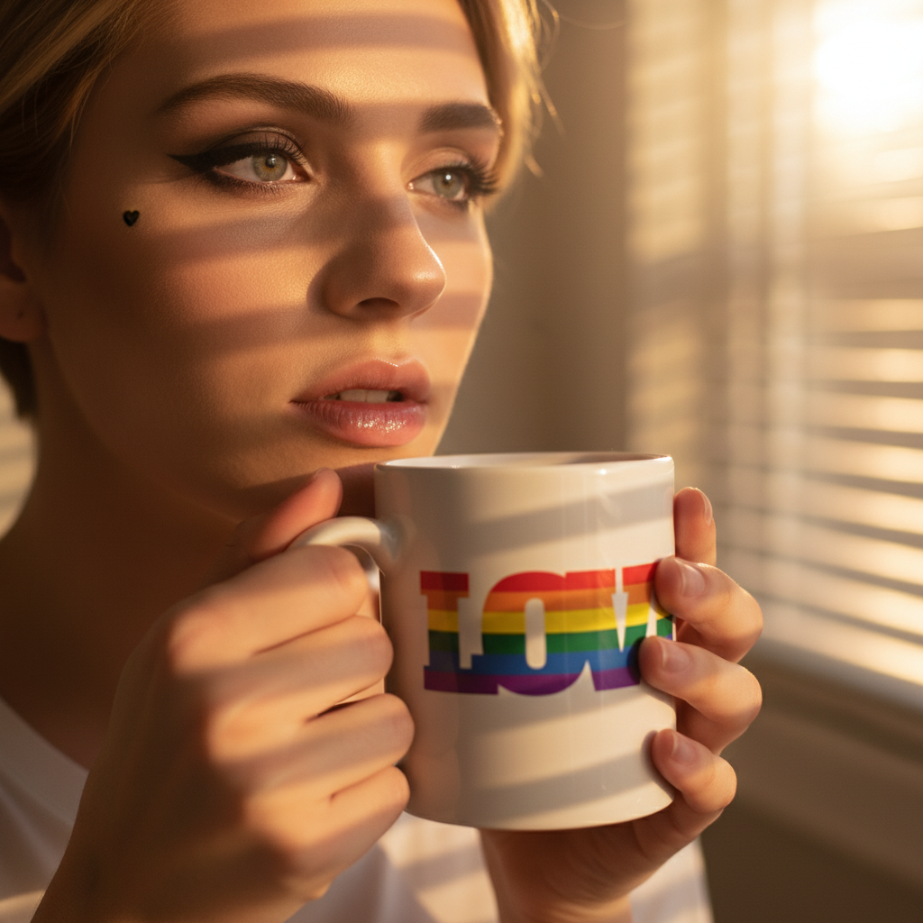 Young woman holding the Gay Love Mug, featuring bold rainbow LOVE text, as sunlight highlights her contemplative expression. This ceramic mug embodies LGBTQIA+ pride, perfect for expressing self-love and queer joy.